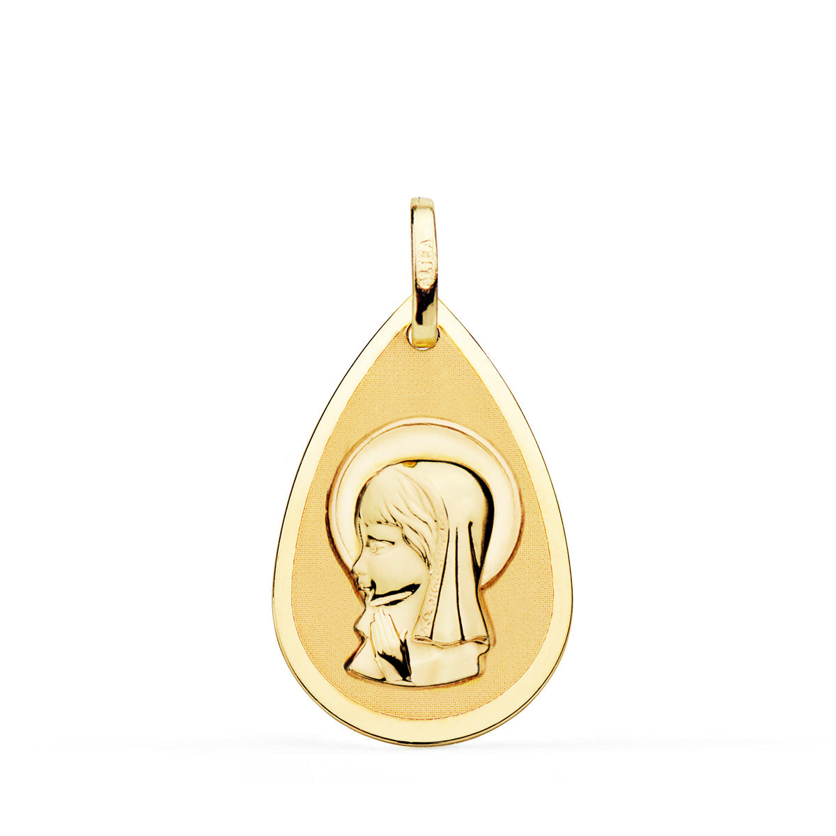 18K MEDALLA ORO AMARILLO VIRGEN NIÑA GOTA EN BRILLO Y MATE 23X15 MM