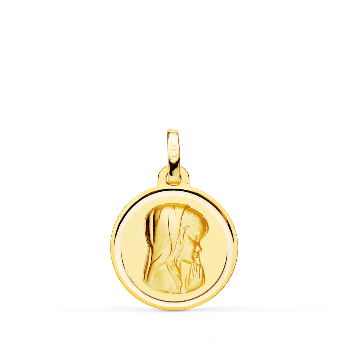 18K MEDALLA ORO AMARILLO VIRGEN NIÑA MATIZADA CON BISEL 16 MM