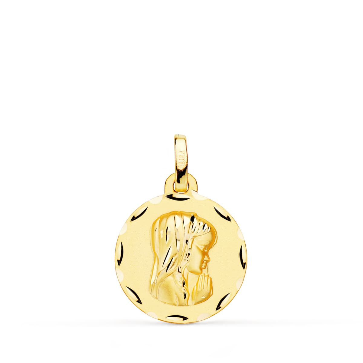 9K Medalla Oro Amarillo Virgen Niña Matizada Tallada 16 Mm