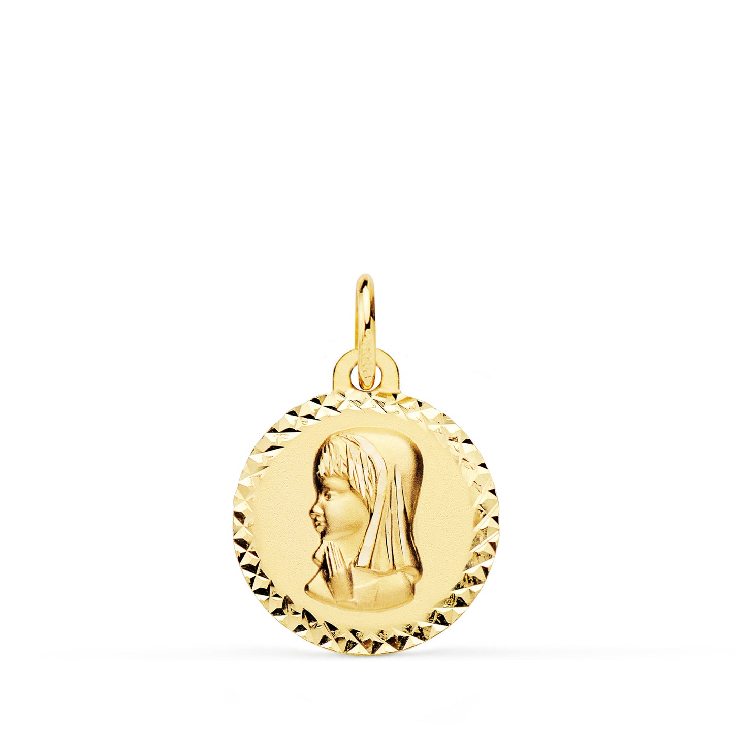 18K MEDALLA ORO AMARILLO VIRGEN NIÑA TALLA COLGANTE CRUZADA 16 MM