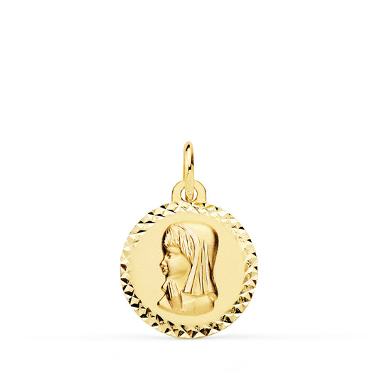 18K MEDALLA ORO AMARILLO VIRGEN NIÑA TALLA COLGANTE CRUZADA 16 MM