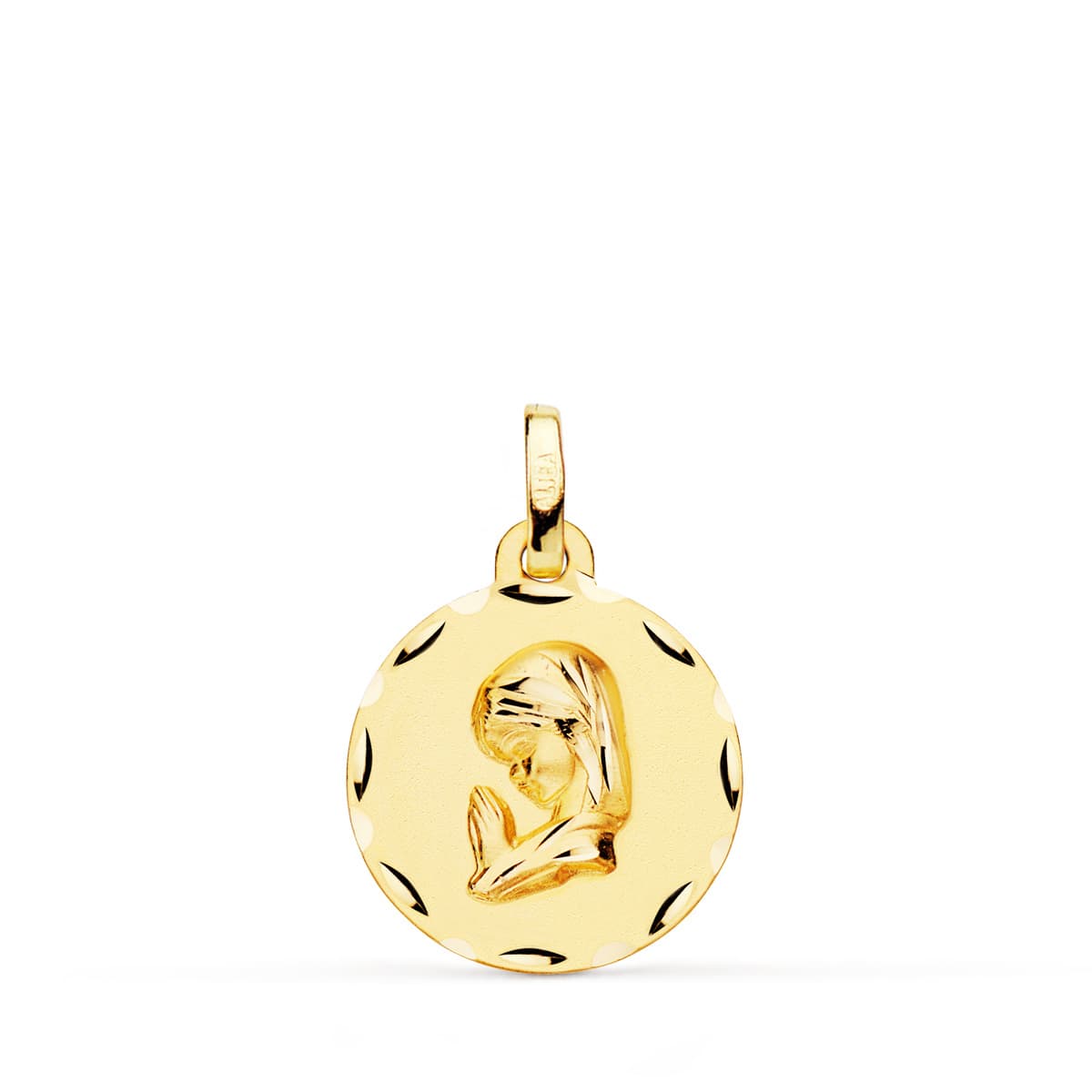 18K Medalla Oro Amarillo Virgen Niña Tallada 16 Mm