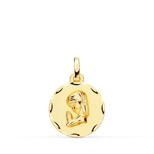 18K Medalla Oro Amarillo Virgen Niña Tallada 16 Mm