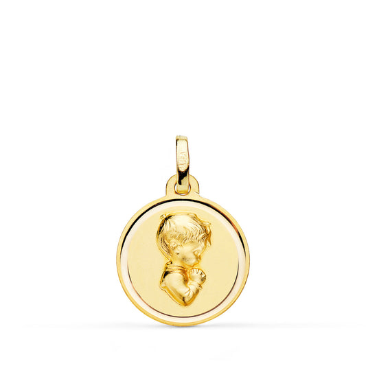 18K Medalla Oro Amarillo Niño De Comunion Perfil Bisel 16 Mm
