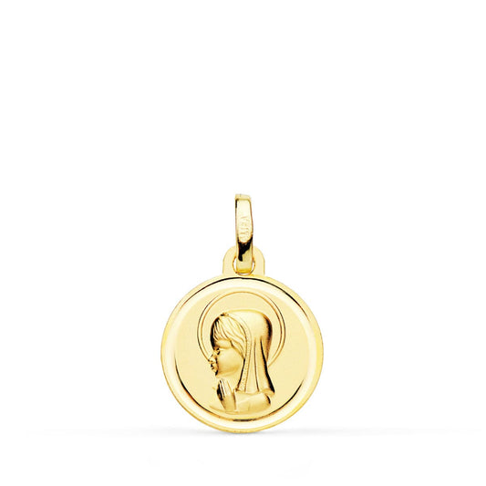 18K Medalla Oro Amarillo Virgen Niña Matizada Con Bisel 14 Mm
