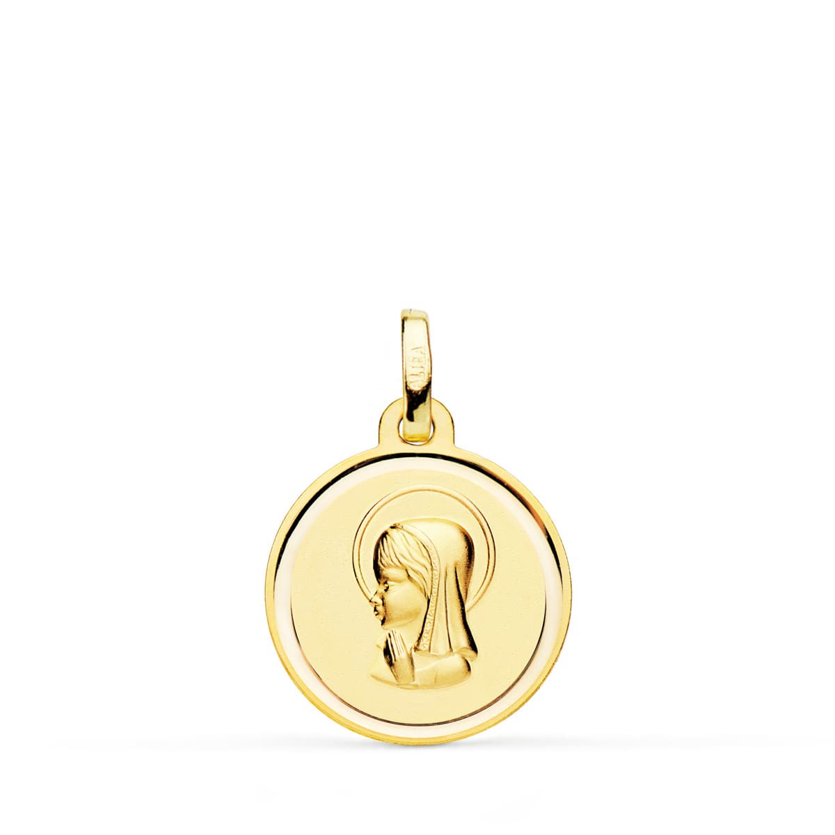 18K Medalla Oro Amarillo Virgen Niña Matizada Con Bisel 16 Mm
