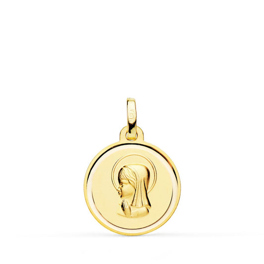 18K Medalla Oro Amarillo Virgen Niña Matizada Con Bisel 16 Mm