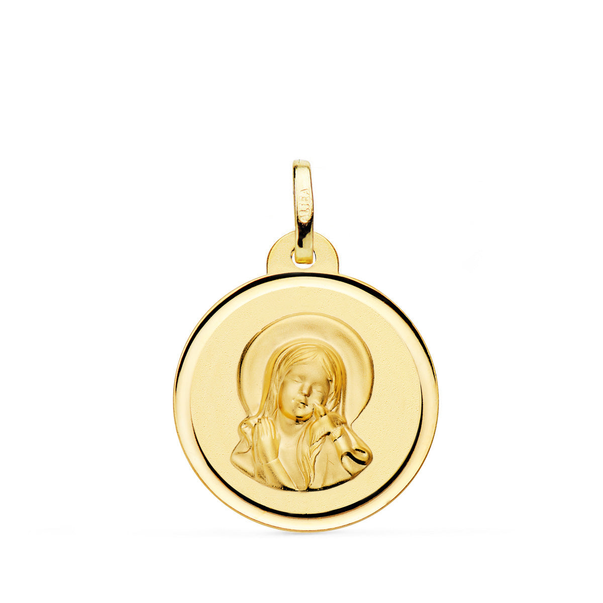 18K Medalla Oro Amarillo Virgen Maria Y Espiritu Santo Bisel 20 Mm