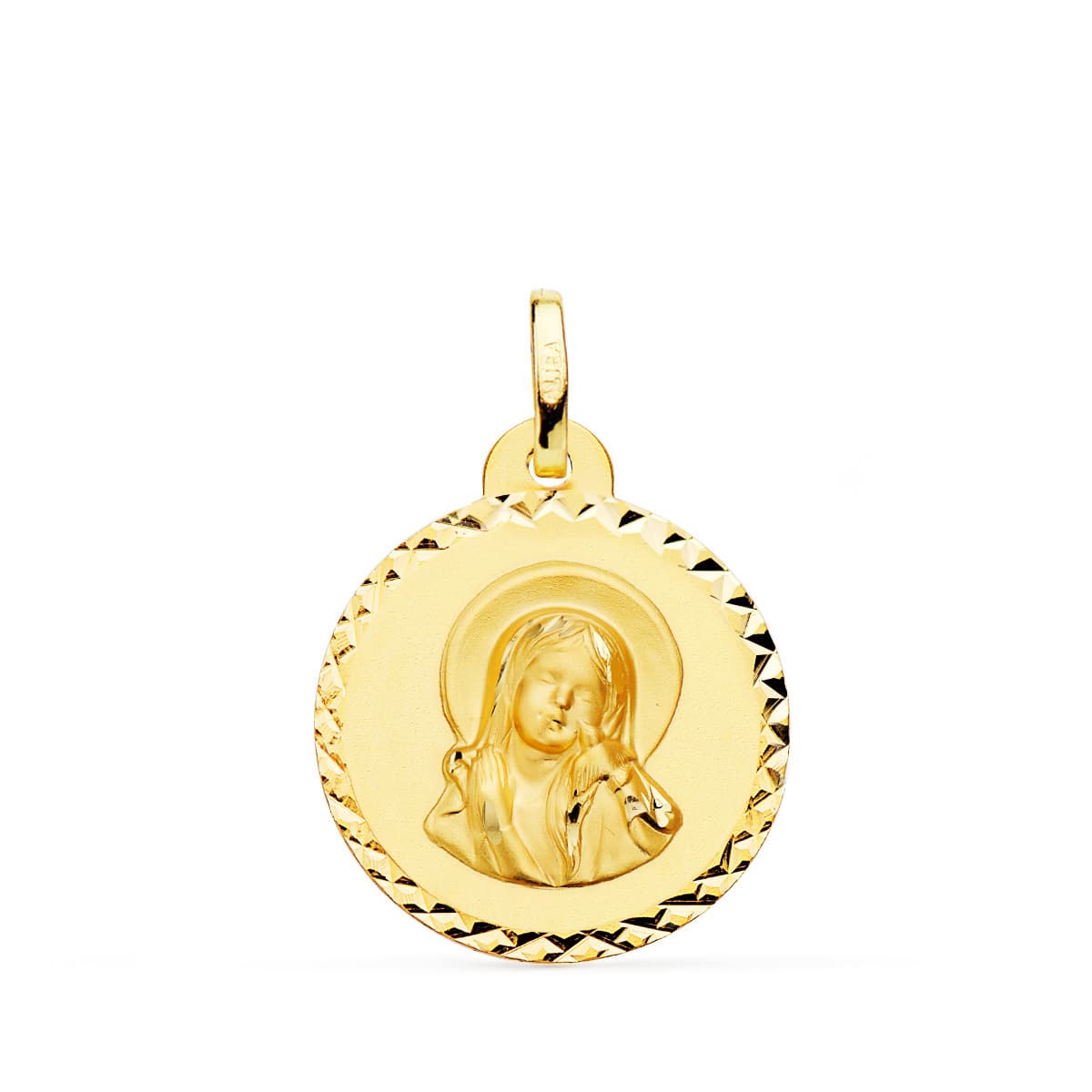 18K Medalla Oro Amarillo Virgen Maria Y Espiritu Santo Talla Cruzada 20 Mm