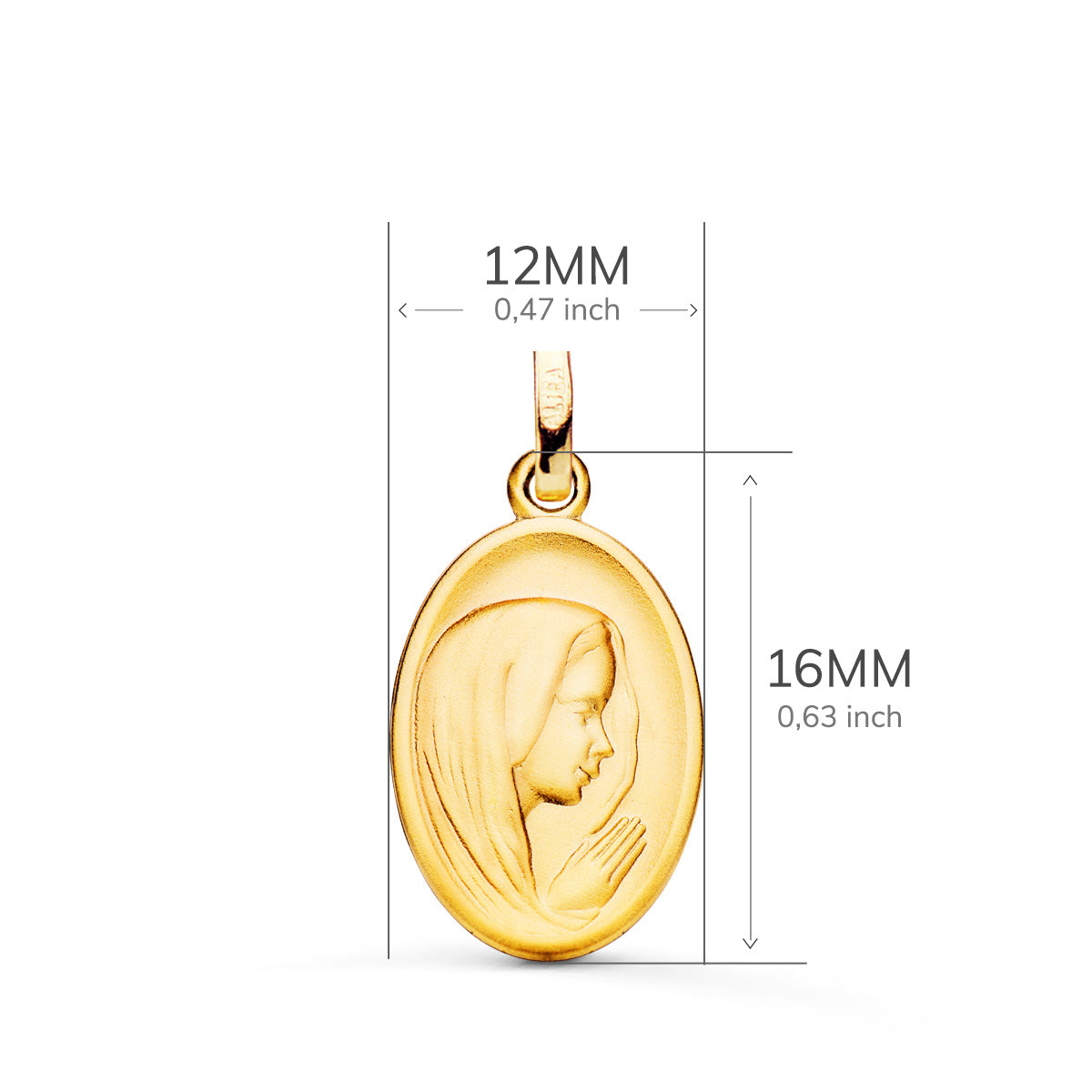 18K MEDALLA ORO AMARILLO VIRGEN NIÑA PERFIL MATIZADA Y TALLADA 16X12 MM