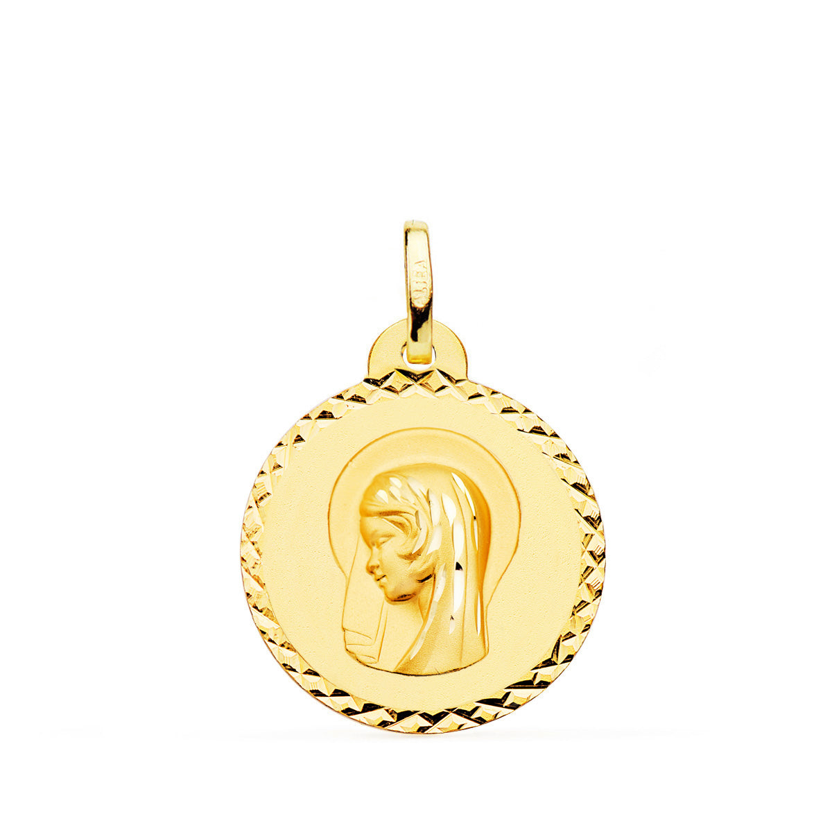 18K Medalla Oro Amarillo Virgen Maria ( Regina Caelorum ) Talla Cruzada 20 Mm
