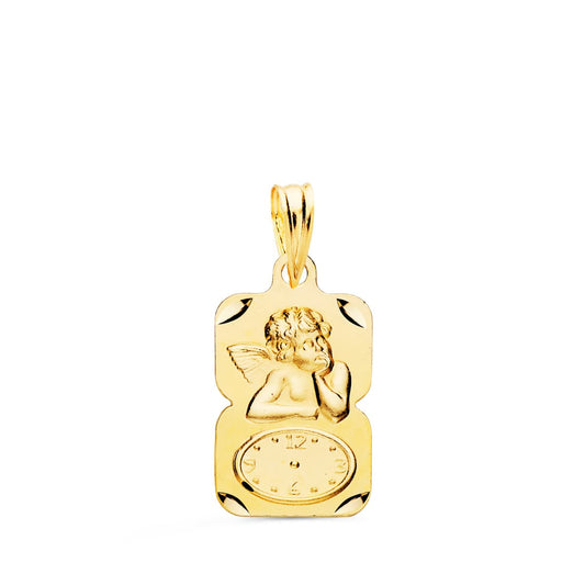 18K Medalla Oro Amarillo Rectangulo Angelito Burlon Con Reloj Tallada 19X11 Mm