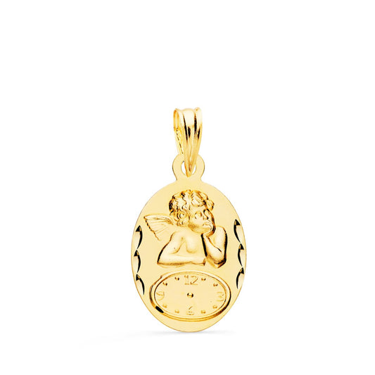 18K Medalla Oro Amarillo Oval Angelito Burlon Con Reloj Tallada 19X12 Mm