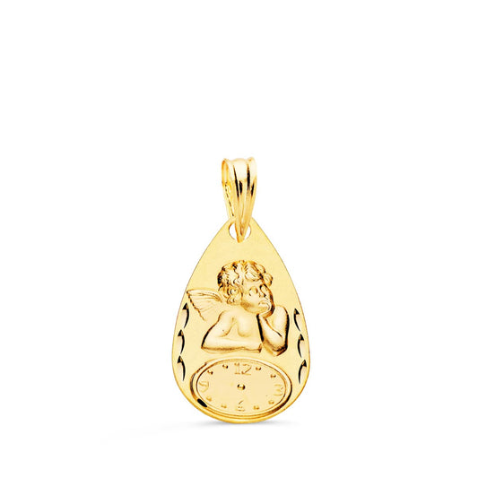 18K Medalla Oro Amarillo Gota Angelito Burlon Con Reloj Tallada 19X11 Mm