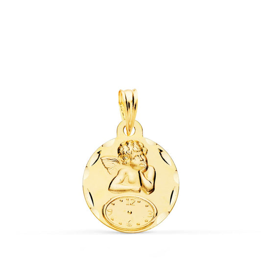 18K Medalla Oro Amarillo Redonda Angelito Burlon Con Reloj Tallada 15 Mm
