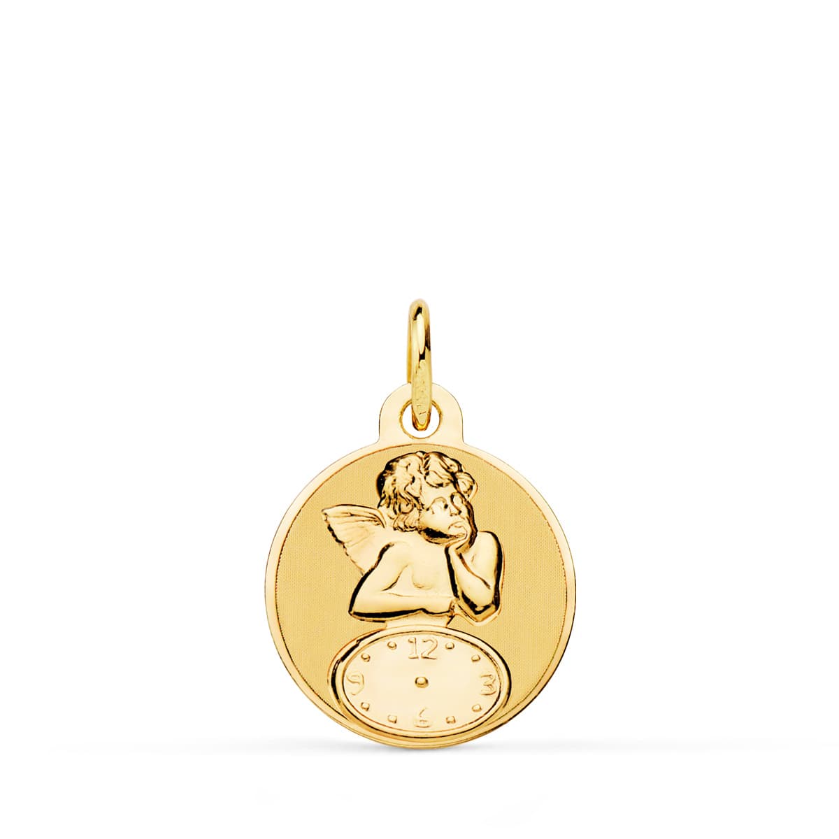 9K MEDALLA ORO AMARILLO REDONDA ANGELITO BURLON CON RELOJ BRILLO Y MATE 15 MM