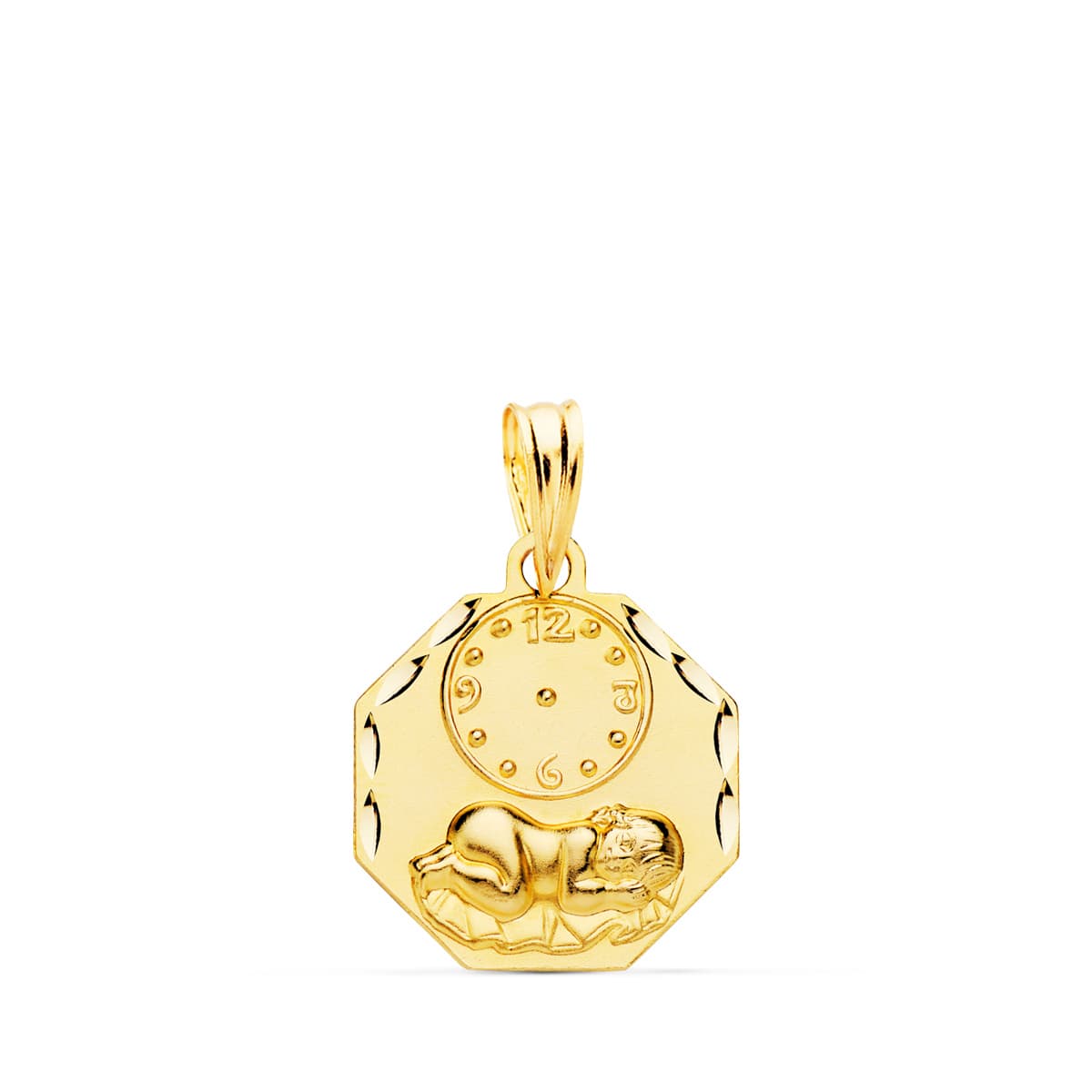 18K Medalla Oro Amarillo Octogonal Niño De La Hora Con Reloj Tallada 15X15 Mm