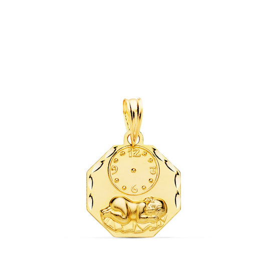 18K Medalla Oro Amarillo Octogonal Niño De La Hora Con Reloj Tallada 15X15 Mm