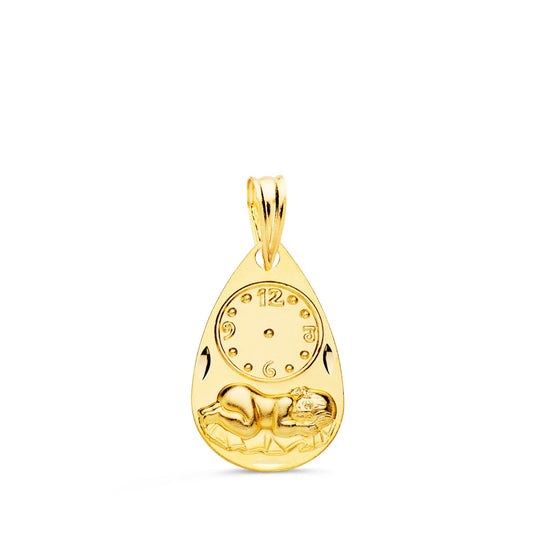 18K Medalla Oro Amarillo Gota Niño De La Hora Con Reloj Tallada 19X11 Mm