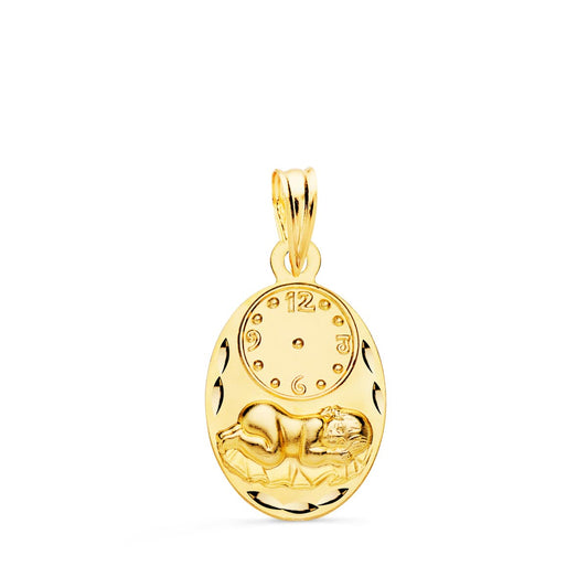 18K Medalla Oro Amarillo Oval Niño De La Hora Con Reloj Tallada 19X12 Mm