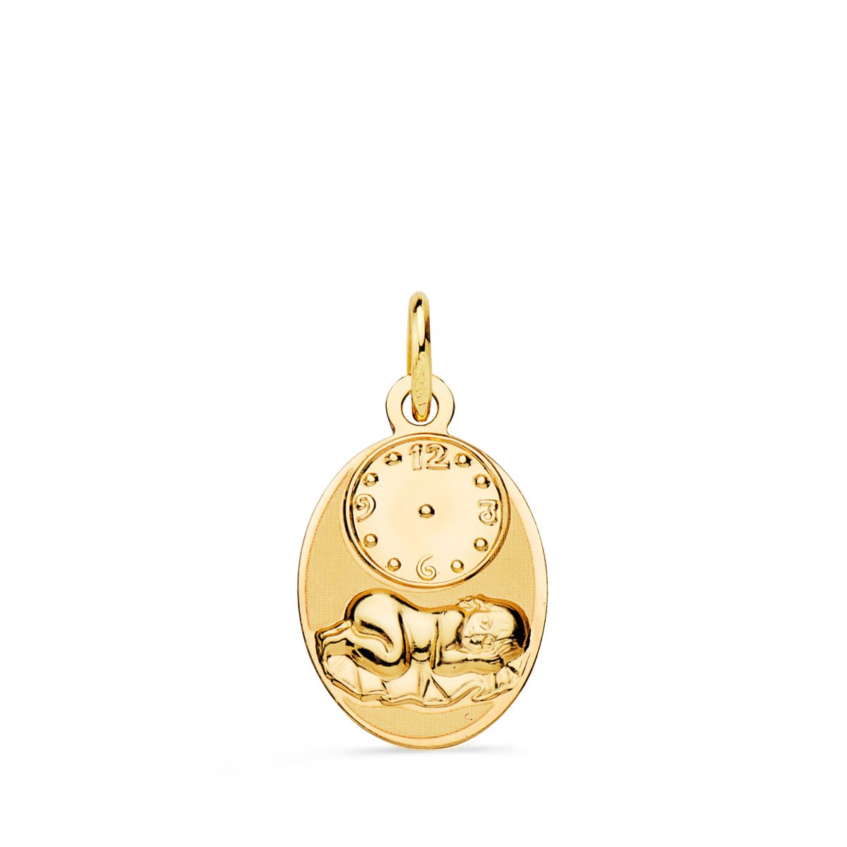 18K Medalla Oro Amarillo Oval Niño De La Hora Con Reloj Brillo Y Mate 19X12 Mm