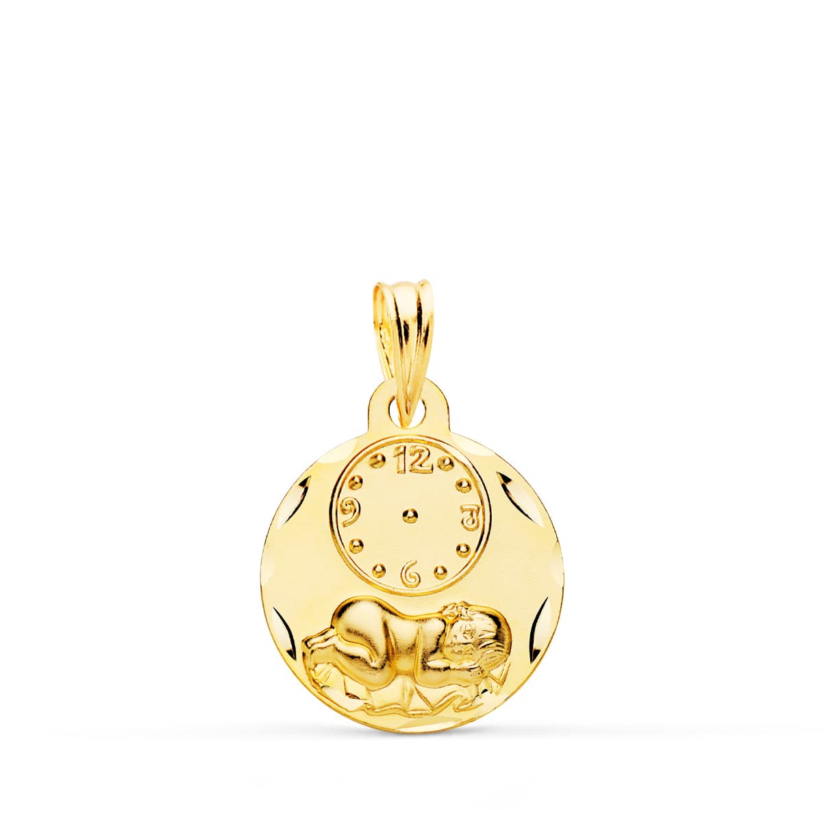 9k MEDALLA ORO AMARILLO REDONDA NIÑO DE LA HORA CON RELOJ TALLADA 15 MM
