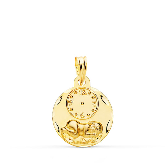 18K Medalla Oro Amarillo Redonda Niño De La Hora Con Reloj Tallada 15 Mm