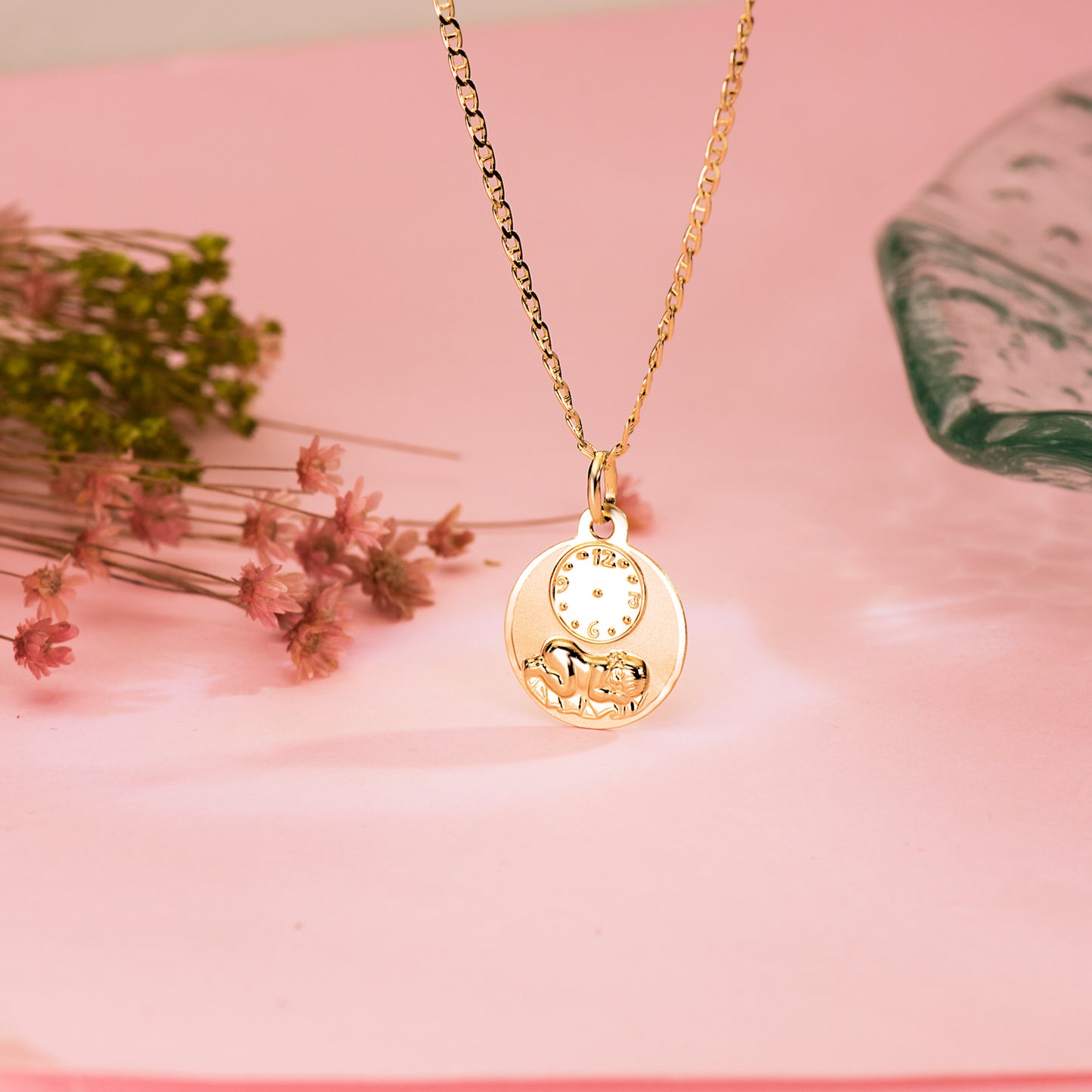 18K MEDALLA ORO AMARILLO REDONDA NIÑO DE LA HORA CON RELOJ BRILLO Y MATE 15 MM