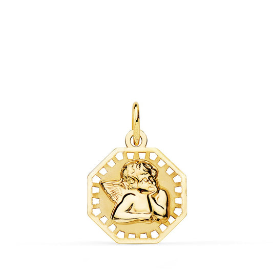 18K MEDALLA ORO AMARILLO OCTOGONAL ANGELITO BURLON BRILLO Y MATE 14X14 MM