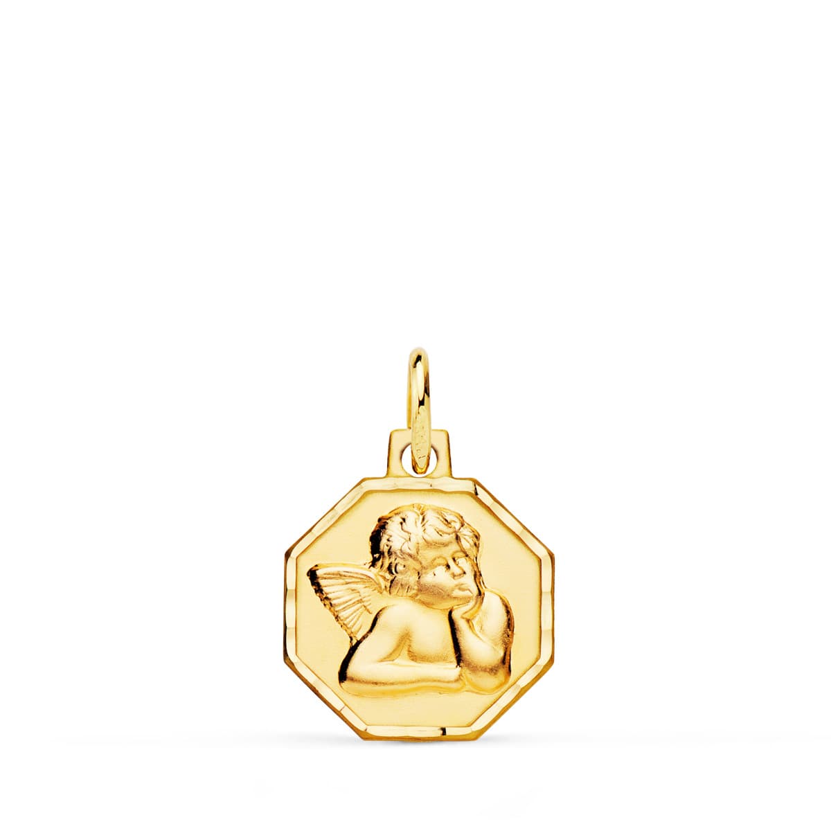 9K MEDALLA ORO AMARILLO OCTOGONAL ANGELITO BURLON TALLADA 13X13 MM