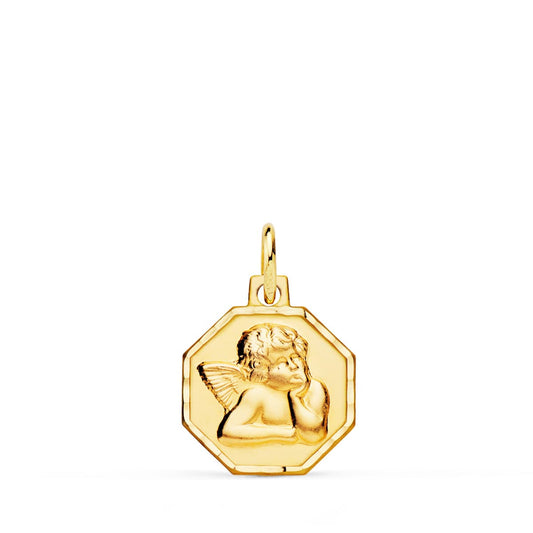18K MEDALLA ORO AMARILLO OCTOGONAL ANGELITO BURLON TALLADA 13X13 MM