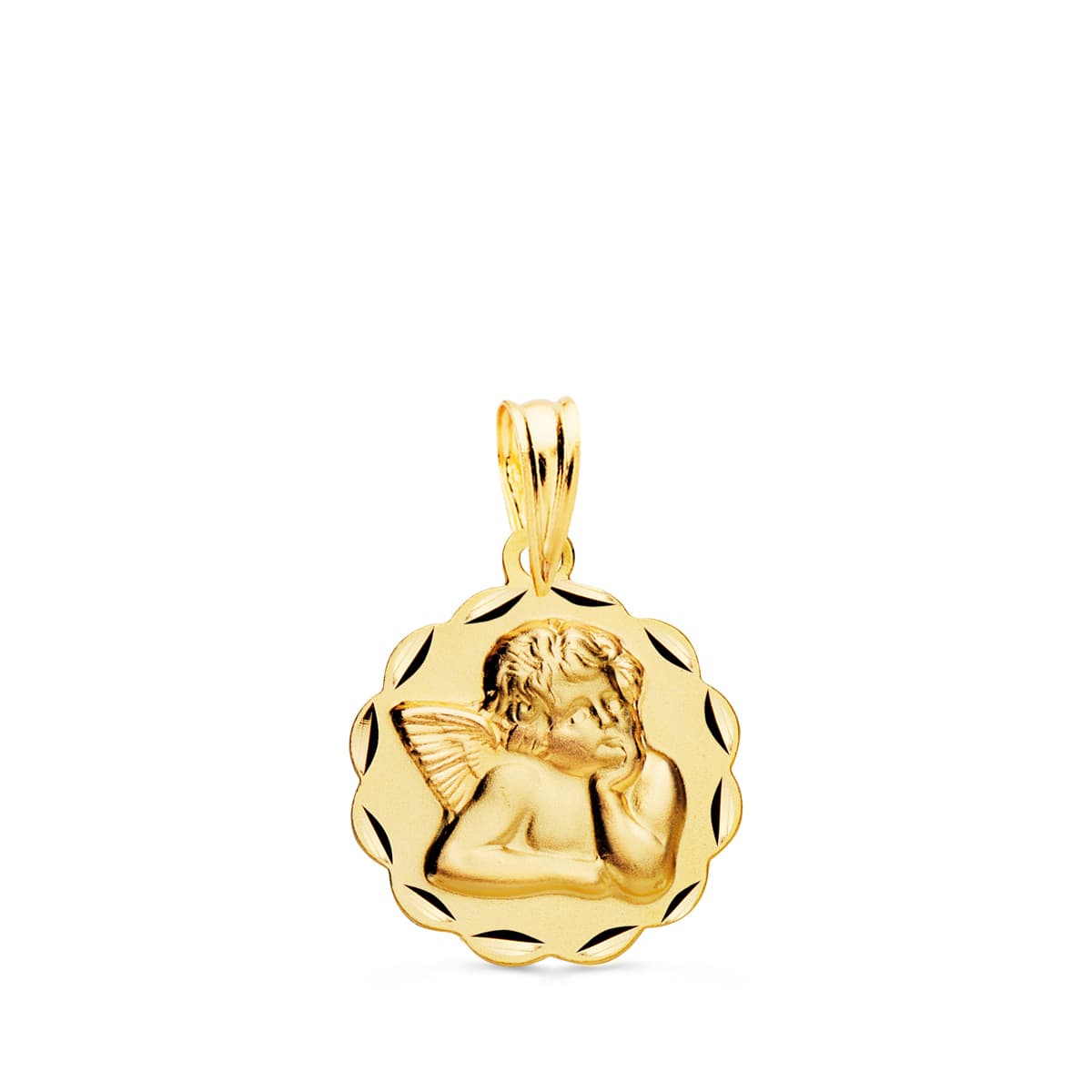 18K MEDALLA ORO AMARILLO ANGELITO BURLON ARCOS TALLADA 14 MM