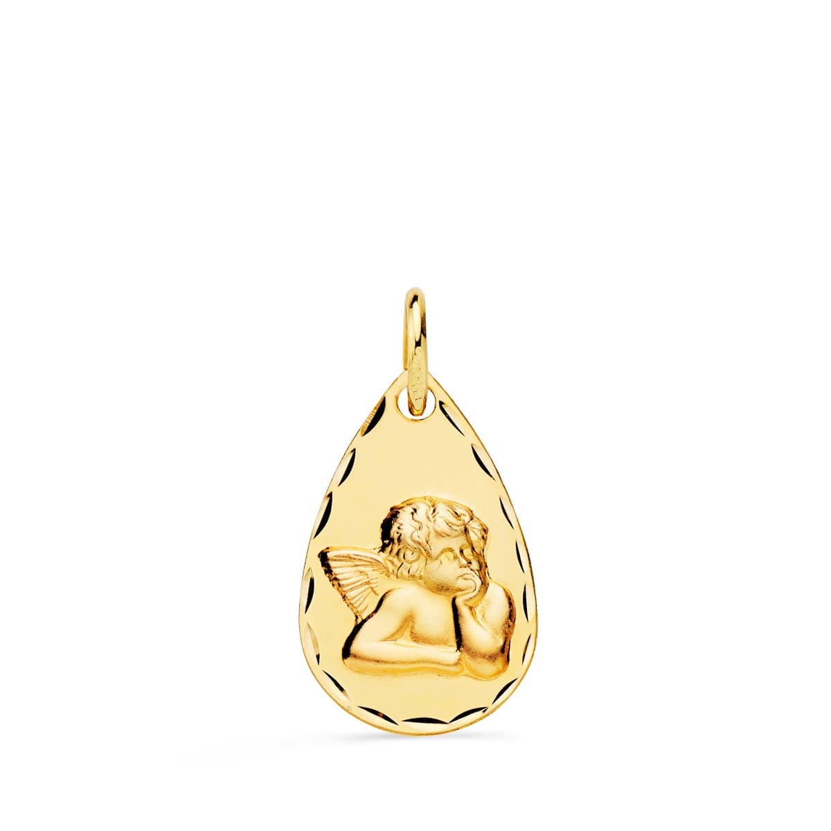 18K Medalla Oro Amarillo Gota Angelito Burlon Tallada 19X11 Mm