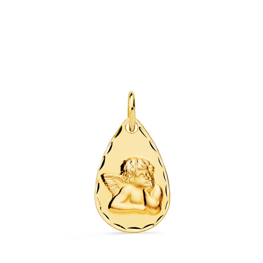 18K Medalla Oro Amarillo Gota Angelito Burlon Tallada 19X11 Mm