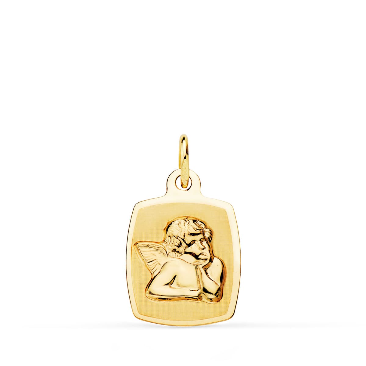 18K MEDALLA ORO AMARILLO TONEL ANGELITO BURLON BRILLO Y MATE 19X13 MM