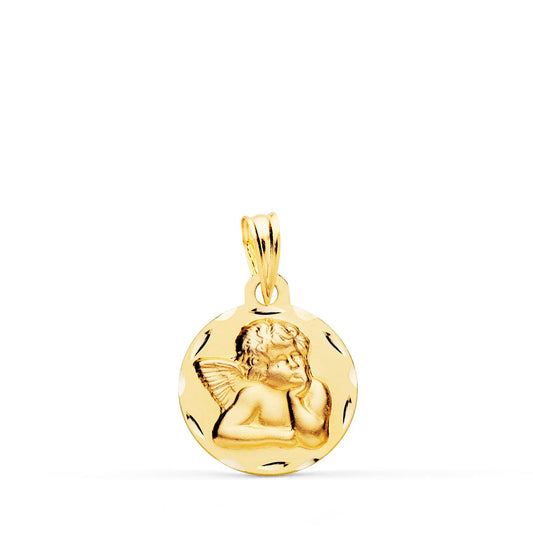 18K Medalla Oro Amarillo Redonda Angelito Burlon Tallada 14 Mm