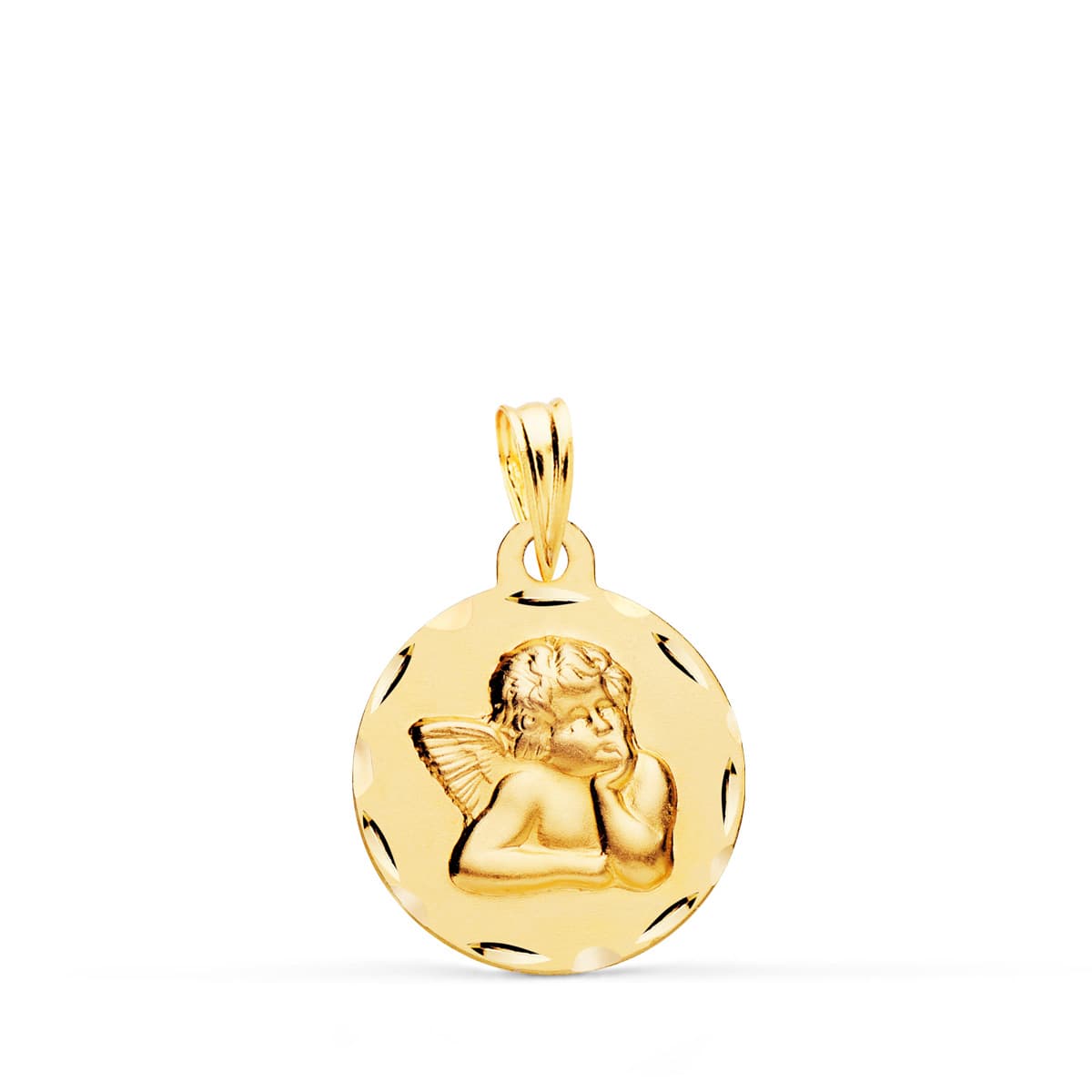 18K MEDALLA ORO AMARILLO REDONDA ANGELITO BURLON TALLADA 16 MM
