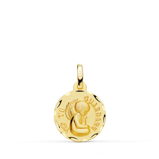 18K Medalla Oro Amarillo Tallada Angel " Yo Te Guardare " 14 Mm