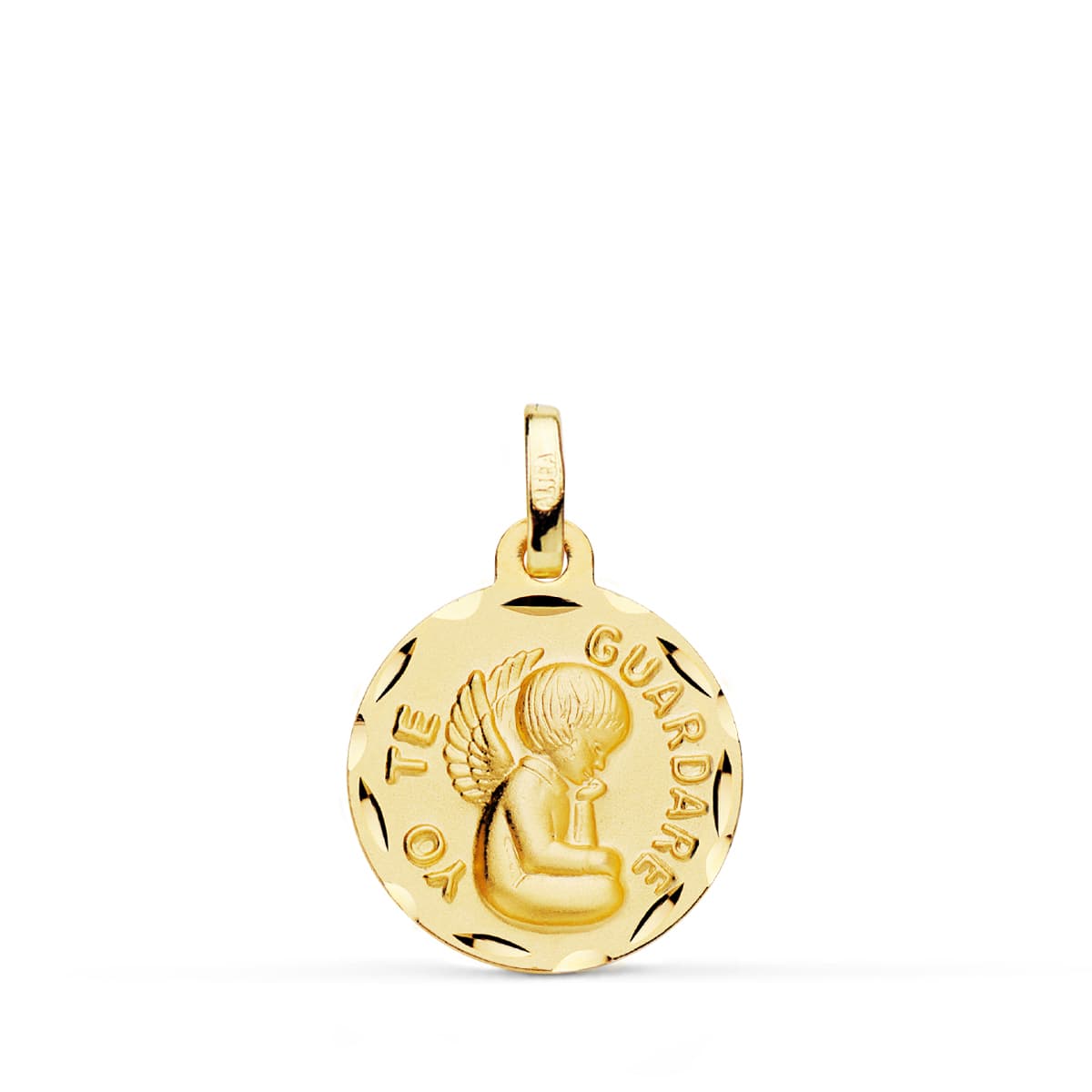 9K Medalla Oro Amarillo Tallada Angel " Yo Te Guardare " 16 Mm