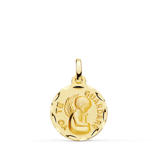 9K Medalla Oro Amarillo Tallada Angel " Yo Te Guardare " 16 Mm