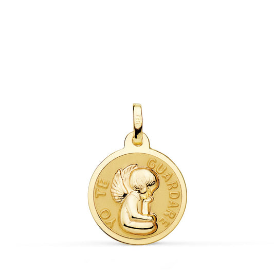 18K Medalla Oro Amarillo Angel " Yo Te Guardare " Brillo 16 Mm