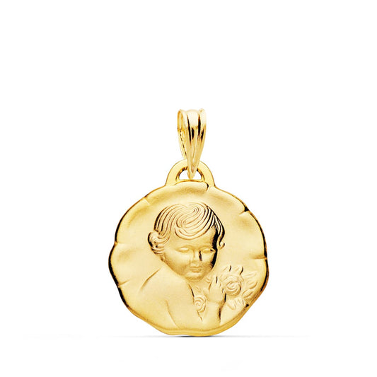 18K Medalla Oro Amarillo Angel Niño De La Flor 17 Mm