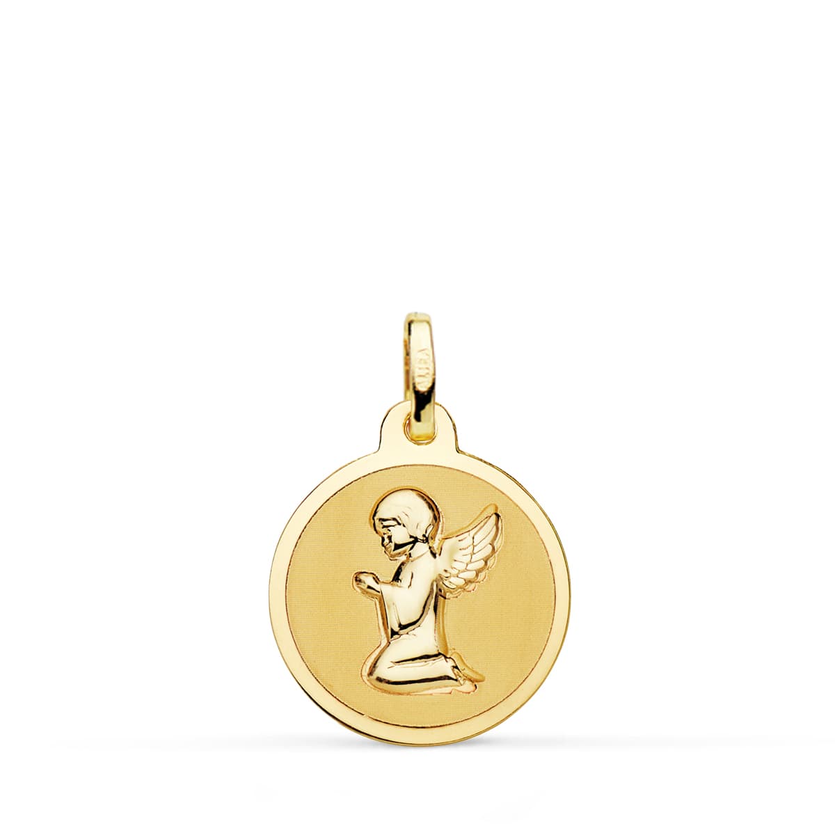 18K Medalla Oro Amarillo Angelito Rezando Brillo 16 Mm