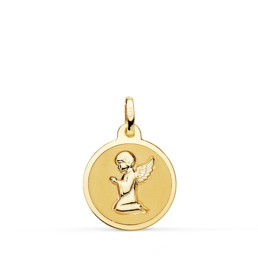 18K Medalla Oro Amarillo Angelito Rezando Brillo 16 Mm