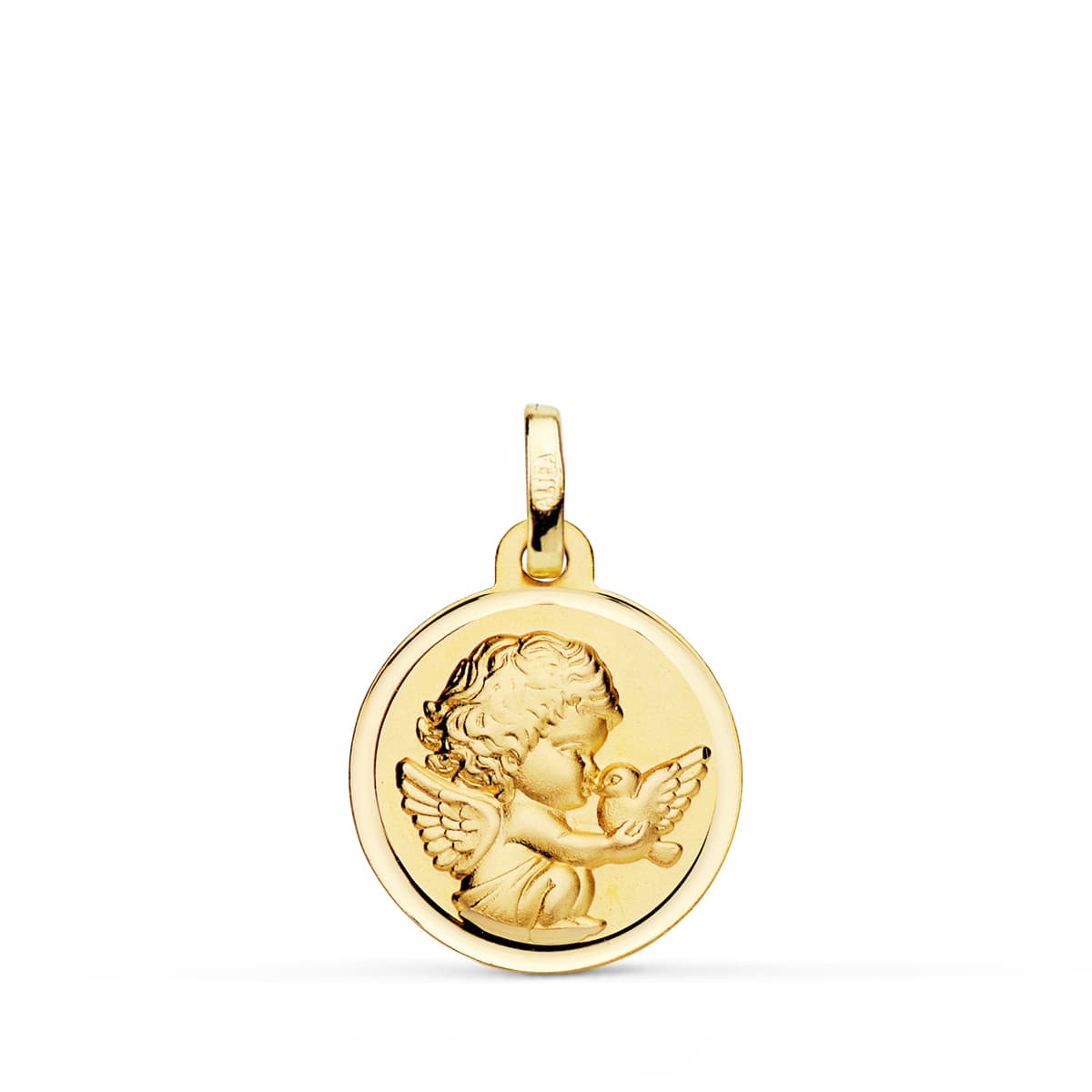 18K Medalla Oro Amarillo Angel Burlon Con Paloma Bisel 16 Mm