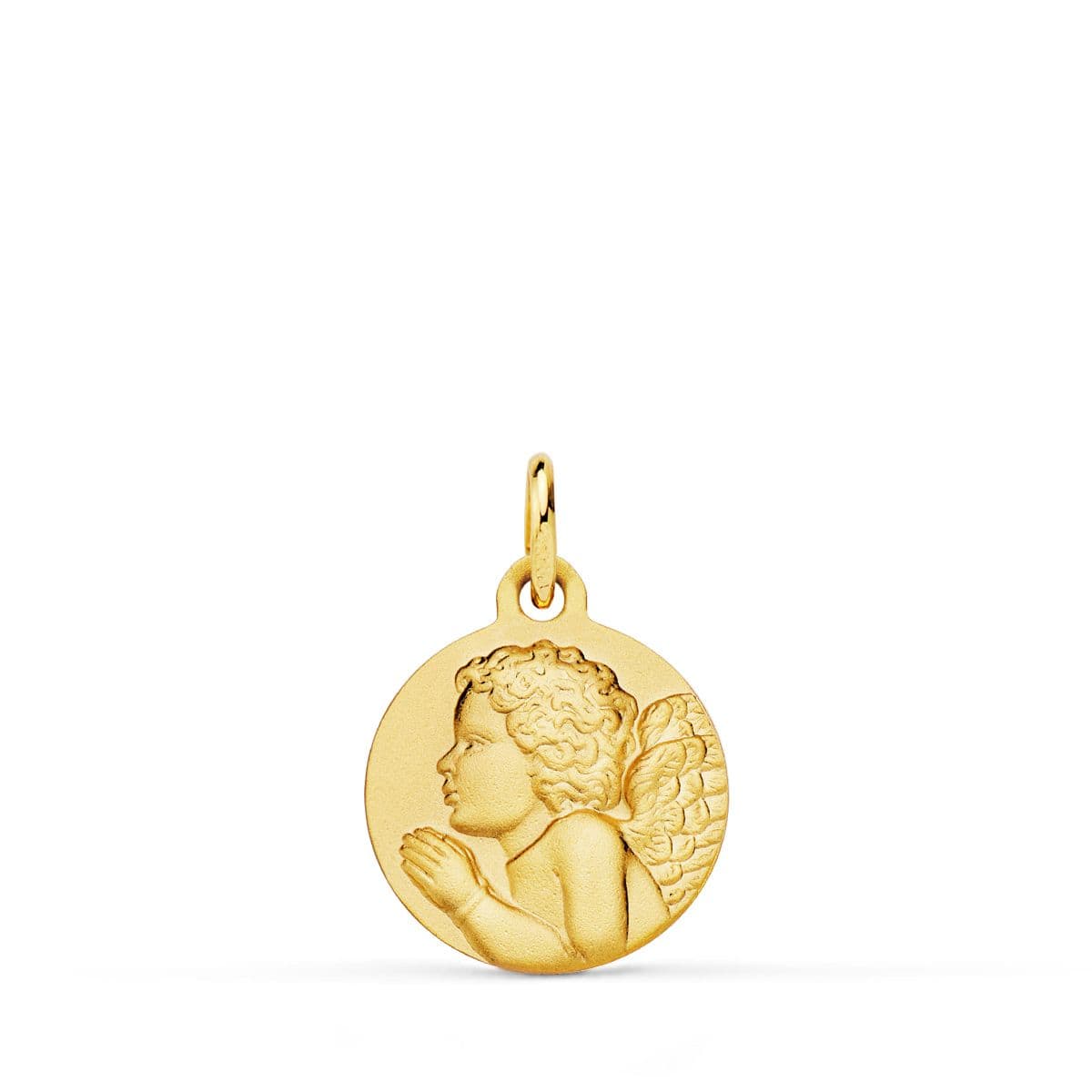 18K MEDALLA ORO AMARILLO ANGEL NIÑO PIADOSO REZANDO MATIZADO. 14 MM