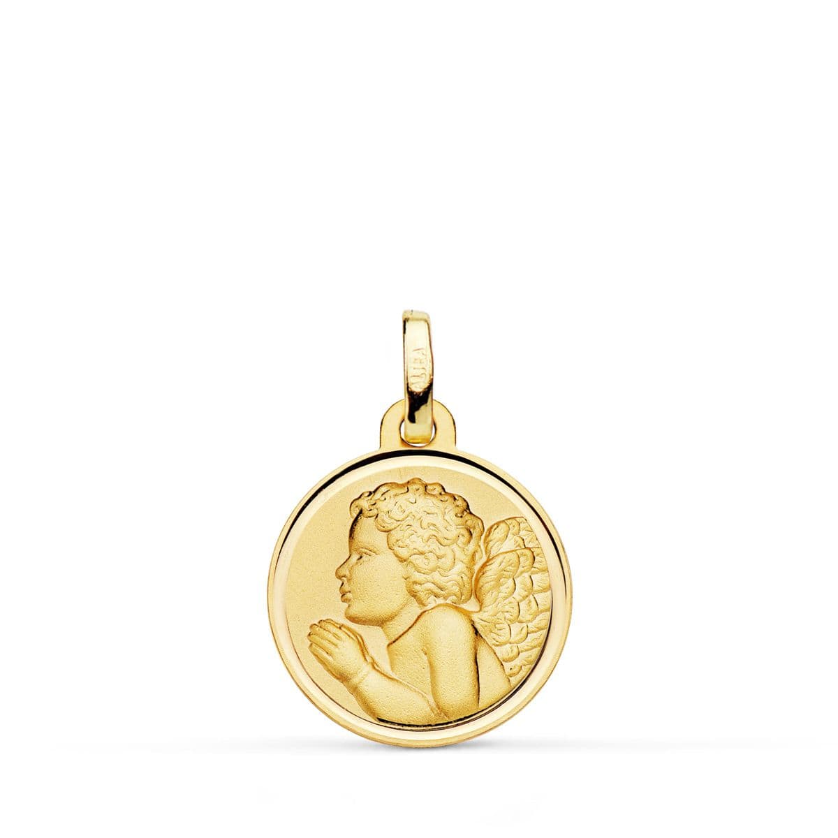 18K MEDALLA ORO AMARILLO ANGEL NIÑO PIADOSO REZANDO BISEL 16 MM