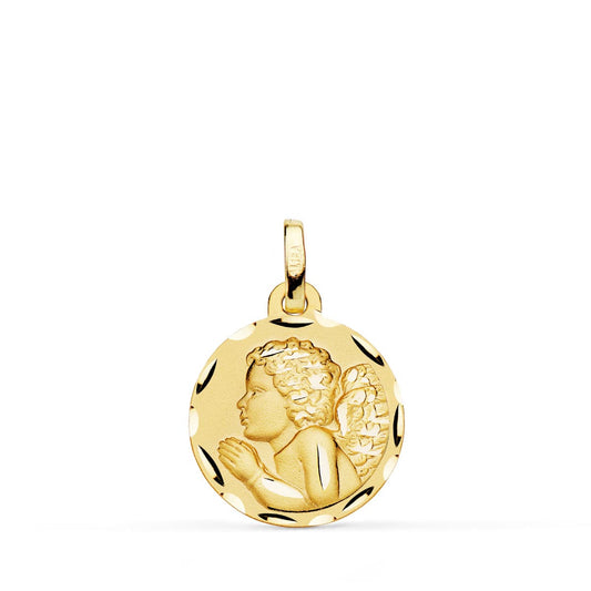 18K Medalla Oro Amarillo Angel " Niño Piadoso " Rezando Tallado 16 Mm